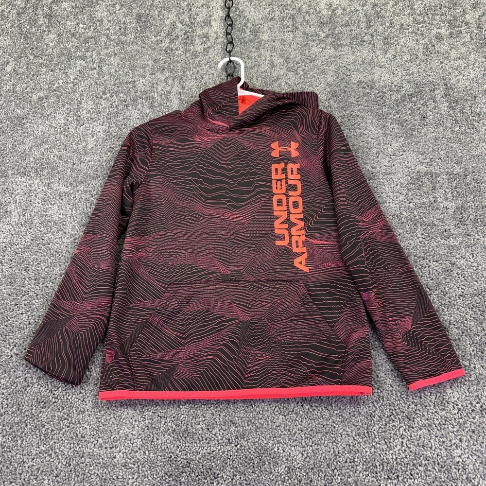 Under Armour Hoodie Kids Large Black Pink Geometric ColdGear Fleece Pullover